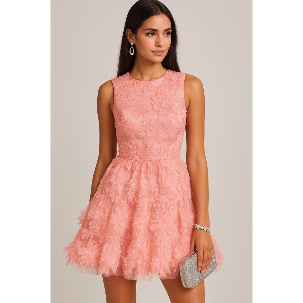 HELSI Pink 3D Floral Appliqué Mini Dress Wedding Guest Party Size XS Preloved